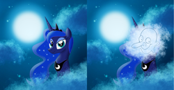 Size: 4932x2555 | Tagged: safe, artist:brogararts, edit, princess luna, alicorn, pony, g4, cloud, crown, full moon, jewelry, looking at you, moon, mr bean, regalia, sky