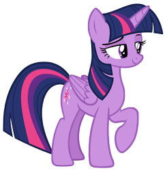 Size: 6537x6750 | Tagged: safe, artist:andoanimalia, twilight sparkle, alicorn, pony, molt down, season 8, spoiler:s08, absurd resolution, beautiful, cute, female, folded wings, full body, horn, lidded eyes, looking at something, mare, multicolored mane, multicolored tail, purple eyes, raised hoof, seductive, simple background, smiling, solo, standing, tail, transparent background, twilight sparkle (alicorn), vector, wings
