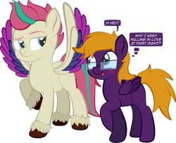 Size: 1920x1566 | Tagged: safe, artist:alexdti, zipp storm, oc, oc:purple creativity, pegasus, pony, g5, my little pony: a new generation, blue eyes, blushing, colored hooves, colored wings, duo, duo female, eyebrows, female, folded wings, glasses, looking at each other, mare, multicolored wings, open mouth, open smile, pegasus oc, raised hoof, simple background, smiling, speech bubble, spread wings, standing, tail, thought bubble, transparent background, two toned mane, two toned tail, unshorn fetlocks, wings
