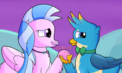 Size: 2500x1500 | Tagged: safe, artist:fantaje3, gallus, silverstream, griffon, hippogriff, g4, she's all yak, couple, cute, diastreamies, duo, female, gallabetes, holding hands, jewelry, male, necklace, reference, ship:gallstream, shipping, smiling, straight
