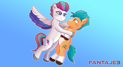 Size: 2000x1100 | Tagged: safe, artist:fantaje3, hitch trailblazer, zipp storm, earth pony, pegasus, pony, g5, my little pony: a new generation, blushing, couple, duo, female, hug, male, mare, ship:stormblazer, shipping, stallion, straight