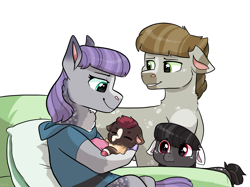 Size: 2732x2048 | Tagged: safe, artist:moccabliss, maud pie, mudbriar, oc, oc:obsidian echo, oc:wren wood, earth pony, pony, g4, baby, baby pony, female, high res, male, offspring, parent:maud pie, parent:mud briar, parents:maudbriar, ship:maudbriar, shipping, simple background, smiling, straight, when she smiles, white background