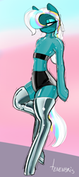 Size: 2830x6342 | Tagged: safe, artist:tenenbris, oc, oc:fleetfire, oc:opal love, semi-anthro, bodysuit, clothes, hair over one eye, latex, latex stockings, rubber suit, stockings, thigh highs