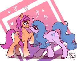 Size: 855x680 | Tagged: safe, artist:josynava, izzy moonbow, sunny starscout, earth pony, pony, unicorn, g5, my little pony: a new generation, cute, female, heart, izzybetes, lesbian, looking at each other, scene interpretation, ship:moonscout, shipping, sunnybetes