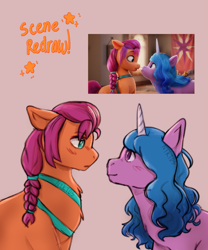 Size: 831x1000 | Tagged: safe, artist:electriccat2, screencap, izzy moonbow, sunny starscout, earth pony, pony, unicorn, g5, my little pony: a new generation, spoiler:my little pony: a new generation, duo, duo female, female, looking at each other, mare, redraw, scene interpretation, screencap reference, simple background, staring contest