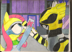 Size: 2338x1700 | Tagged: safe, artist:darkalicornwarrior, fluttershy, pegasus, pony, g4, power ponies (episode), denji sentai megaranger, power ponies, power rangers, power rangers in space, psycho rangers, traditional art