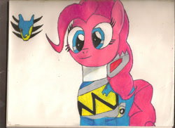 Size: 2338x1700 | Tagged: safe, artist:darkalicornwarrior, pinkie pie, earth pony, pony, g4, blue ranger, power rangers, power rangers dino charge, simple background, solo, traditional art, zyuden sentai kyoryuger