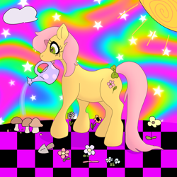 Size: 2382x2382 | Tagged: safe, artist:dusty honey, posey, earth pony, pony, g1, alternate design, colorful, digital art, gardening, high res, neon, solo, watering can