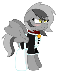 Size: 2600x3260 | Tagged: safe, artist:ponkus, oc, oc only, oc:graeyscale, pegasus, pony, blushing, clothes, collar, female, high res, maid, mare, pet tag, simple background, smiling, solo, transparent background
