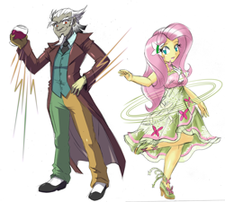 Size: 1668x1499 | Tagged: safe, artist:danmakuman, edit, discord, fluttershy, human, equestria girls, g4, age difference, clothes, commission, costume, dress, drink, duo, equestria girls-ified, female, glass, legs, looking at you, male, ship:discoshy, shipping, simple background, smiling, straight, suit, twirling, white background, wine glass