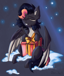 Size: 1499x1772 | Tagged: safe, artist:yuris, oc, oc only, pegasus, pony, abstract background, christmas, family, holiday, pegasus oc, present, snow, solo, two toned mane