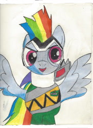 Size: 1700x2338 | Tagged: safe, artist:darkalicornwarrior, rainbow dash, pegasus, pony, g4, green ranger, power rangers, power rangers dino charge, simple background, solo, traditional art, zyuden sentai kyoryuger