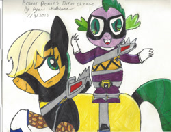 Size: 1101x851 | Tagged: safe, artist:darkalicornwarrior, applejack, spike, earth pony, pony, g4, mask, power rangers, power rangers dino charge, simple background, traditional art, zyuden sentai kyoryuger