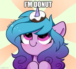 Size: 551x499 | Tagged: safe, artist:kittyrosie, edit, izzy moonbow, pony, unicorn, g5, my little pony: a new generation, caption, cute, donut, food, horn, horn impalement, i'm pancake, image macro, izzy impaling things, izzybetes, solo, text, the uses of unicorn horns