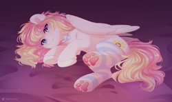 Size: 2580x1529 | Tagged: safe, artist:floweryoutoday, oc, oc:ninny, pegasus, pony, bed, bedroom eyes, blushing, bow, clothes, heterochromia, looking at you, lying down, lying on bed, on bed, paw pads, paw socks, socks, striped socks
