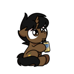 Size: 500x500 | Tagged: safe, artist:sugar morning, oc, oc only, oc:limón picante, pony, unicorn, :3, animated, closed mouth, commission, cute, drinking, gif, happy, inca cola, male, ocbetes, outline, simple background, smiling, solo, stallion, sugar morning's snacc and drincc, transparent background, white outline, ych result