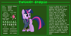 Size: 11720x6000 | Tagged: safe, artist:dashiesparkle, artist:php170, twilight sparkle, pony, unicorn, fallout equestria, g4, bio, clothes, cutie mark, fallout, fallout equestria: character guide, female, jumpsuit, open mouth, pipboy, raised hoof, reference sheet, s.p.e.c.i.a.l., solo, unicorn twilight, vault suit, vector