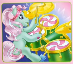 Size: 1023x888 | Tagged: safe, artist:lyn fletcher, minty, earth pony, pony, g3, bandana, book, drum set, drums, green coat, headband, heart, hoof heart, musical instrument, peppermint, pink mane, playing instrument, pony pop stars, purple eyes, scan, solo, streaked mane