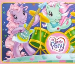 Size: 574x486 | Tagged: safe, artist:lyn fletcher, minty, sweetsong, earth pony, pony, g3, official, bipedal, book, clothes, curly hair, dress, drum set, drums, drumsticks, g3 logo, guitar, heart, hoof heart, logo, musical instrument, my little pony logo, pink hair, pink mane, pony pop stars, scan, stage, standing, streaked mane