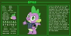 Size: 11720x6000 | Tagged: safe, artist:andoanimalia, artist:php170, spike, dragon, fallout equestria, g4, bio, clothes, cutie mark, fallout, fallout equestria: character guide, jumpsuit, looking at you, male, open mouth, pipboy, reference sheet, s.p.e.c.i.a.l., solo, vault suit, vector, waving, waving at you