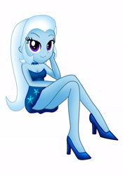 Size: 4806x6848 | Tagged: safe, artist:lobo299, trixie, equestria girls, g4, absurd resolution, ass, breasts, butt, clothes, crossed legs, dress, female, high heels, legs, looking at you, sexy, shoes, simple background, smiling, smiling at you, solo, white background