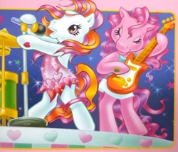 Size: 582x499 | Tagged: safe, artist:lyn fletcher, skywishes, sunny daze (g3), earth pony, pony, g3, official, bipedal, clothes, curly hair, dress, drums, eyes closed, guitar, heart, heart eyes, hoof heart, microphone, musical instrument, pony pop stars, singing, sparkles, stage, standing, wingding eyes