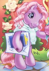 Size: 187x270 | Tagged: safe, artist:lyn fletcher, sweetsong, toola-roola, earth pony, pony, g3, official, bipedal, book, caress, clipboard, clothes, curly hair, flower, offscreen character, pink hair, pink mane, pony pop stars, purple coat, solo, standing, standing on two hooves, sweater, vine
