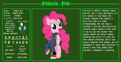 Size: 11720x6000 | Tagged: safe, artist:php170, pinkie pie, earth pony, pony, fallout equestria, g4, bio, clothes, cutie mark, fallout, fallout equestria: character guide, female, jumpsuit, looking at you, open mouth, pipboy, reference sheet, s.p.e.c.i.a.l., solo, vault suit, vector