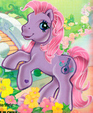 Size: 188x230 | Tagged: safe, sweetsong, earth pony, pony, g3, official, backcard, bridge, cropped, flower, mandolin, musical instrument, pink hair, pink mane, purple coat, scan, solo