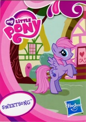 Size: 743x1051 | Tagged: safe, sweetsong (g4), pegasus, pony, g4, official, blind bag, g3 to g4, generation leap, house, logo, mandolin, musical instrument, pink hair, pink mane, ponyville, purple coat, recolor, solo, toy