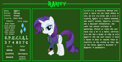 Size: 11720x6000 | Tagged: safe, artist:andoanimalia, artist:php170, rarity, pony, unicorn, fallout equestria, g4, beautiful, bio, clothes, cutie mark, eyeshadow, fallout, fallout equestria: character guide, female, jumpsuit, looking at you, makeup, mare, pipboy, reference sheet, s.p.e.c.i.a.l., solo, vault suit, vector