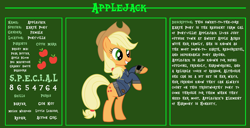 Size: 11720x6000 | Tagged: safe, artist:php170, applejack, earth pony, pony, fallout equestria, g4, applejack's hat, bio, bipedal, clothes, cowboy hat, cutie mark, fallout, fallout equestria: character guide, female, hat, jumpsuit, mare, pipboy, reference sheet, s.p.e.c.i.a.l., smiling, solo, teeth, vault suit, vector