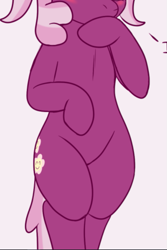 Size: 627x939 | Tagged: safe, artist:skoon, edit, cheerilee, earth pony, semi-anthro, g4, arm hooves, belly, blushing, covering mouth, cropped, cutie mark, pictures of bellies, pigtails, simple background, solo, tail, white background