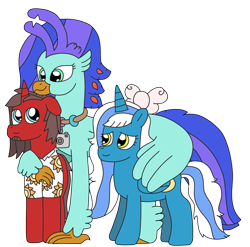 Size: 2363x2336 | Tagged: safe, artist:supahdonarudo, derpibooru exclusive, oc, oc only, oc:fleurbelle, oc:ironyoshi, oc:sea lilly, alicorn, classical hippogriff, hippogriff, pony, unicorn, 2022 community collab, derpibooru community collaboration, bow, camera, clothes, high res, hoof on shoulder, hug, jewelry, looking up, necklace, shirt, simple background, transparent background, winghug, wings