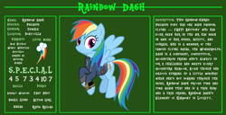Size: 11720x6000 | Tagged: safe, artist:andoanimalia, artist:php170, rainbow dash, pegasus, pony, fallout equestria, g4, bio, clothes, fallout, fallout equestria: character guide, female, flying, jumpsuit, mare, pipboy, reference sheet, s.p.e.c.i.a.l., solo, vault suit, vector