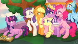 Size: 1920x1080 | Tagged: safe, artist:sunnyroop23, applejack, fluttershy, pinkie pie, rainbow dash, rarity, twilight sparkle, alicorn, earth pony, pegasus, pony, unicorn, g4, anniversary, bipedal, book, book of harmony, cake, female, floating, folded wings, food, hat, hoof hold, jewelry, looking at each other, looking at someone, lying down, mane six, mare, mlp fim's eleventh anniversary, no pupils, one eye closed, open mouth, open smile, outdoors, profile, prone, raised hoof, regalia, self paradox, self ponidox, smiling, spread wings, surprised, tree, turned head, twilight sparkle (alicorn), twolight, unicorn twilight, wall of tags, wallpaper, wings