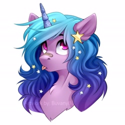 Size: 2717x2717 | Tagged: safe, artist:buvanybu, izzy moonbow, pony, unicorn, g5, my little pony: a new generation, :p, bandaid, bandaid on nose, bust, chest fluff, cute, ear fluff, female, hair accessory, high res, izzybetes, mare, portrait, solo, stars, tongue out