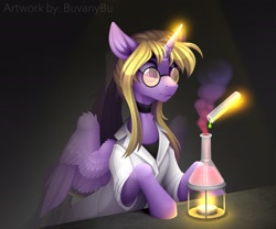 Size: 2560x2133 | Tagged: safe, artist:buvanybu, oc, oc only, alicorn, pony, alicorn oc, beaker, fire, glasses, high res, horn, solo, test tube, wings