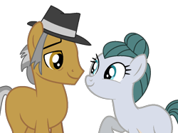 Size: 1008x752 | Tagged: safe, artist:santi0095, cloudy quartz, igneous rock pie, earth pony, pony, g4, brown eyes, eye contact, female, hat, looking at each other, male, mare, ship:quartzrock, shipping, show accurate, simple background, smiling, stallion, straight, tail, transparent background, two toned mane, two toned tail, when she smiles