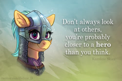 Size: 2070x1371 | Tagged: safe, artist:helmie-art, oc, oc only, oc:karoline skies, earth pony, pony, abstract background, armor, bust, chainmail, ear fluff, female, helmet, looking at you, mare, smiling, smiling at you, solo, text