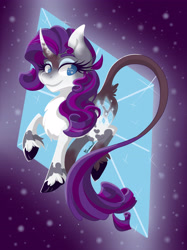 Size: 2480x3307 | Tagged: safe, artist:exendra07, rarity, classical unicorn, pony, unicorn, g4, alternate design, chest fluff, cloven hooves, coat markings, curved horn, cutie mark background, female, high res, horn, leonine tail, looking at you, mare, smiling, smiling at you, solo, unshorn fetlocks