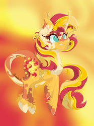 Size: 2480x3307 | Tagged: safe, artist:exendra07, sunset shimmer, classical unicorn, pony, unicorn, g4, abstract background, alternate design, cloven hooves, coat markings, female, high res, horn, leonine tail, mare, smiling, solo, unshorn fetlocks
