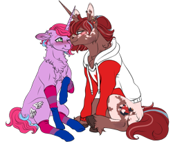 Size: 2591x2152 | Tagged: safe, artist:malinraf1615, oc, oc only, oc:barnburner, oc:lilac, pony, unicorn, bedroom eyes, bisexual pride flag, blushing, canada, canadian, canadian flag, chest fluff, clothes, duo, ear piercing, earring, female, flustered, high res, hoodie, jewelry, lesbian, lip piercing, looking at each other, mare, markings, multicolored hair, nuzzling, oc x oc, one eye closed, piercing, pride, pride flag, raised hoof, shipping, simple background, socks, striped socks, transparent background, unshorn fetlocks