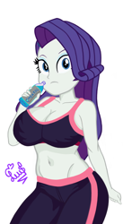 Size: 1080x1969 | Tagged: safe, artist:flutteryaylove, rarity, equestria girls, big breasts, breasts, busty rarity, cleavage, clothes, female, leggings, looking at you, simple background, solo, sports, sports bra, thighs, water bottle, white background