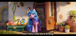 Size: 1594x744 | Tagged: safe, edit, edited screencap, screencap, izzy moonbow, pony, unicorn, g5, my little pony: a new generation, bell, door, english, english subtitles, open door, outdoors, pinwheel (toy), plants, potted plant, smiling, solo, subtitles