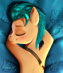 Size: 1773x2030 | Tagged: safe, artist:darksly, part of a set, hitch trailblazer, earth pony, pony, g5, my little pony: a new generation, spoiler:my little pony: a new generation, belt, blushing, body pillow, commission, cute, eyes closed, hitchbetes, male, markings, preview, solo, stallion
