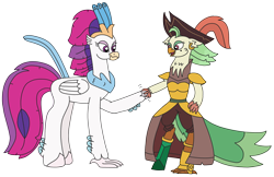 Size: 3370x2190 | Tagged: safe, artist:supahdonarudo, captain celaeno, queen novo, avian, classical hippogriff, hippogriff, parrot pirates, series:novoember, g4, my little pony: the movie, crystal pegleg, handshake, hat, high res, pirate, pirate hat, redraw, simple background, transparent background