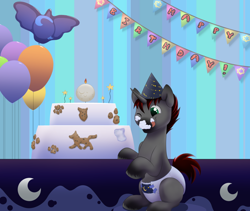 Size: 1574x1326 | Tagged: safe, artist:binkyroom, oc, oc only, pony, unicorn, babyfur, balloon, birthday, cake, cookie, cute, diaper, foal, food, happy, licking, raffle prize, solo, tongue out