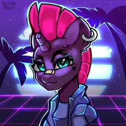 Size: 1300x1300 | Tagged: safe, artist:freak-side, tempest shadow, pony, unicorn, g4, bandaid, bandaid on nose, broken horn, ear piercing, earring, horn, jewelry, looking at you, palm tree, piercing, smiling, solo, synthwave, tree