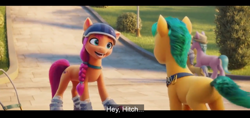 Size: 1600x756 | Tagged: safe, edit, edited screencap, screencap, hitch trailblazer, sunny starscout, earth pony, pony, g5, my little pony: a new generation, braid, butt, english, english subtitles, female, hedge, helmet, hitchbutt, male, mare, plot, roller skates, rollerblades, stallion, street, subtitles